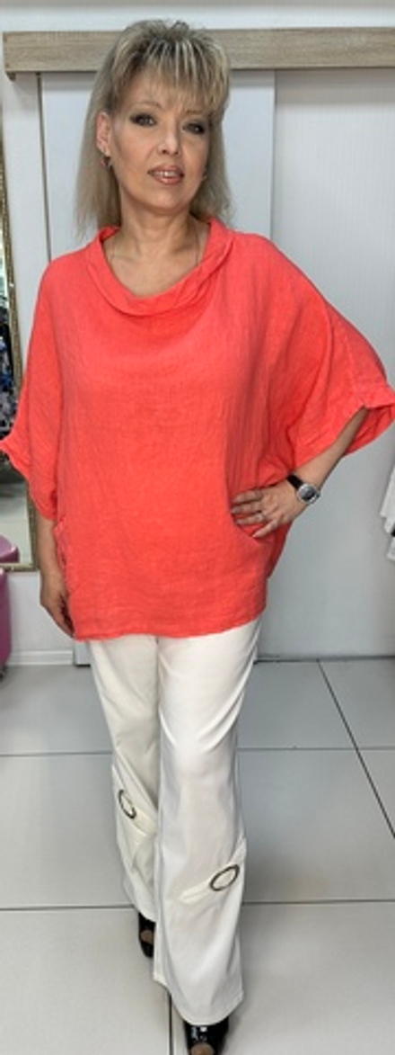 Льняной легкий блузон-пончо с хомутом