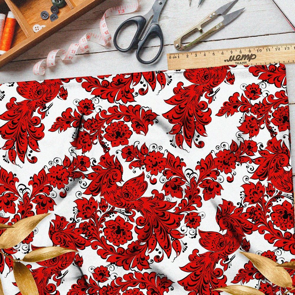 Ткань бязь красная хохлома по новому