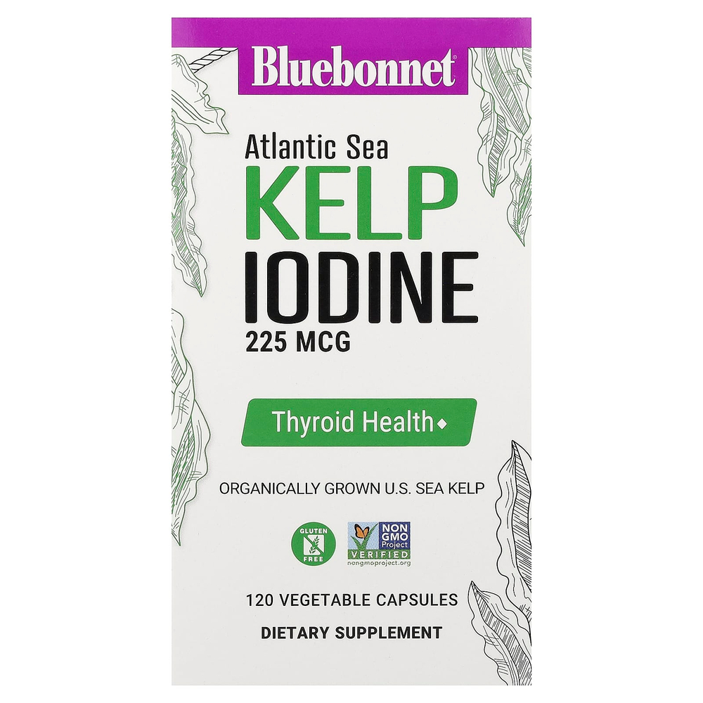 Bluebonnet Nutrition, йод из бурых водорослей атлантических морских водорослей, 225 мкг, 120 растительных капсул