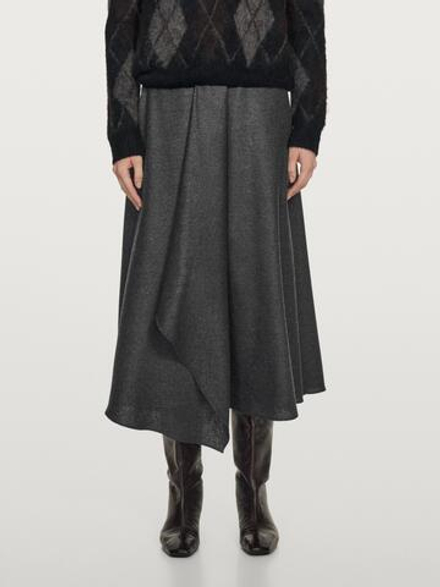 Massimo Dutti Расклешенная юбка миди из смесовой шерсти со складками, серый