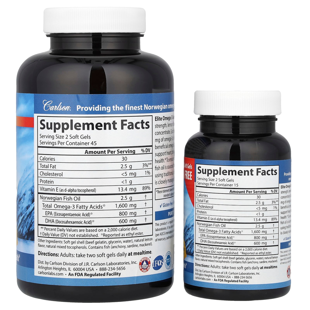 Carlson, Elite Omega-3 Gems, отборные омега-3 кислоты из норвежской рыбы дикого улова, натуральный лимонный вкус, 1600 мг, 120 капсул (800 мг в 1 капсуле)