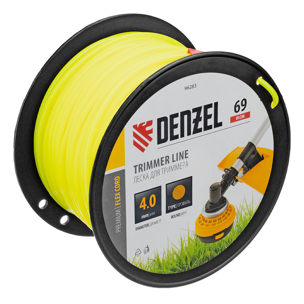 Леска для триммера круглая, 4,0мм х 69м, на DIN катушке FLEX CORD,  Denzel