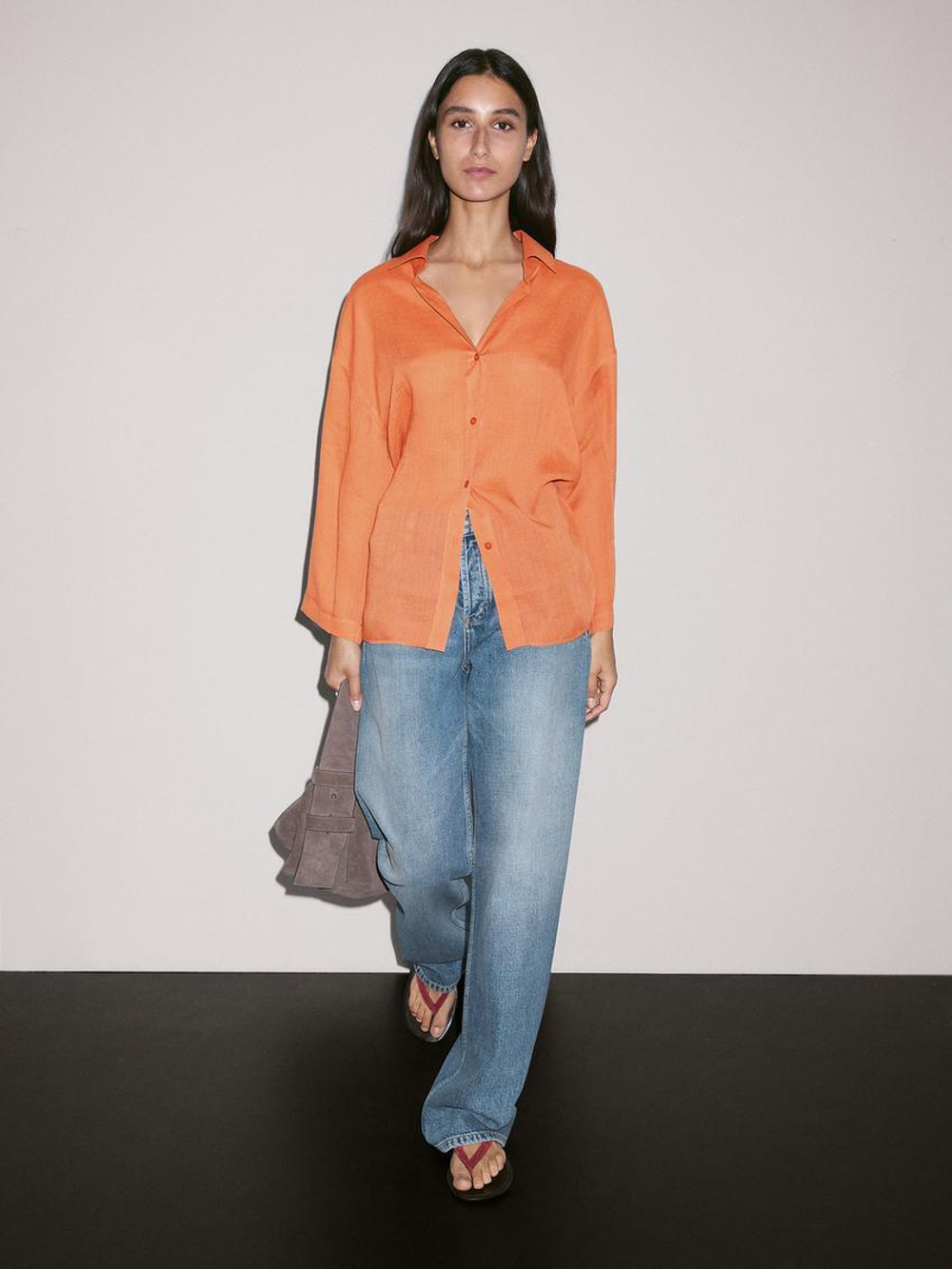 Massimo Dutti Рубашка оверсайз из смесовой ткани рами, черепичный