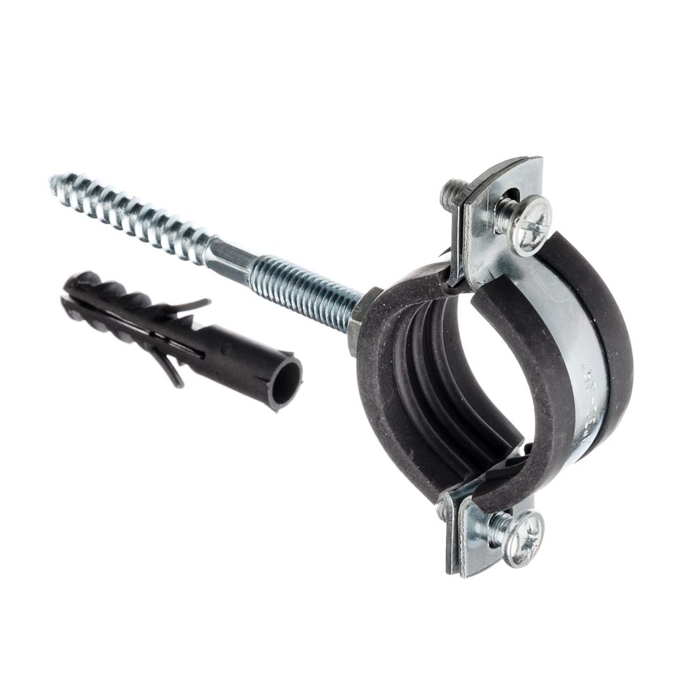 Хомут металлический с гайкой, шпилька с дюбелем