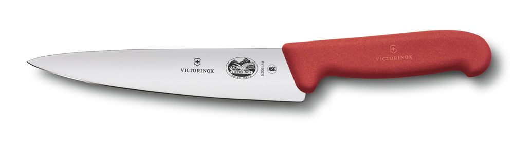 Удобный кухонный разделочный нож Fibrox 25 см с нескользящей красной ручкой VICTORINOX 5.2001.25