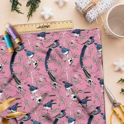 Ткань дюспо мелкие снегири, цветы и птичьи клетки на розовом фоне