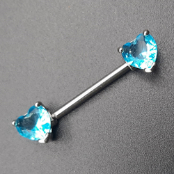 Штанга для пирсинга сосков "Сердечки" с голубыми кристаллами в виде сердец. Медицинская сталь. 1 шт.