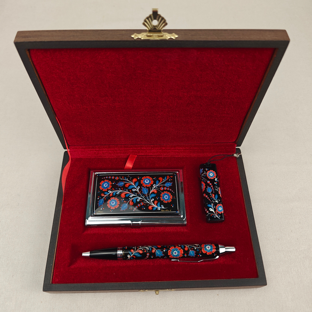Набор "Цветы России" визитница, флешка и ручка Parker с ручной росписью Палех в футляре