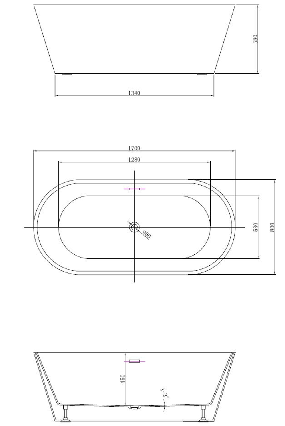 Ванна акриловая Vincea VBT-4291-1700, 1700*800*580, цвет белый, щелевой перелив
