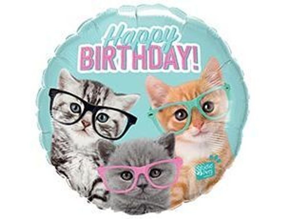 Q 18&#39;&#39;/46 см, Круг, Happy birthday, Котята в очках, 1 шт. (В упаковке)