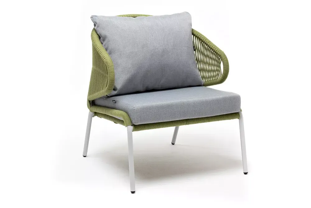 "Милан" кресло плетеное из роупа, каркас алюминий светло-серый (RAL7035) муар, роуп салатовый меланж круглый, ткань светло-серая