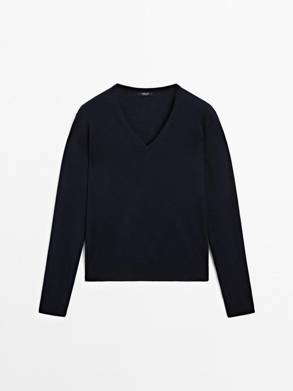 Massimo Dutti Свитер из смесовой шерсти с V-образным вырезом, темно-синий