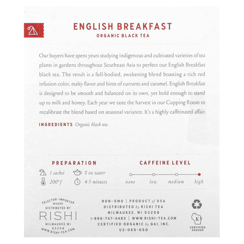 Rishi Tea, Органический черный чай, английский завтрак, 15 пакетиков, 48 г (1,69 унции)