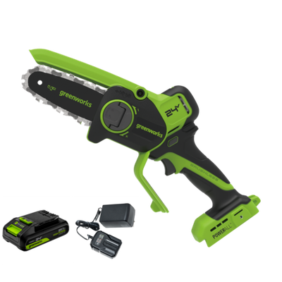 Цепная мини пила аккумуляторная Greenworks CS2410A, 24V, 10см, бесщёточная, с автоматической смазкой цепи, c 1хАКБ 2Ач и ЗУ (CS2410AUA)