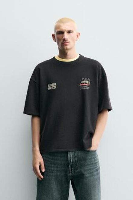 ZARA ТОЛСТОВКА С ЭФФЕКТОМ ПОТЕРТОСТИ И МОРСКИМ ПРИНТОМ, ТЕМНЫЙ АНТРАЦИТ
