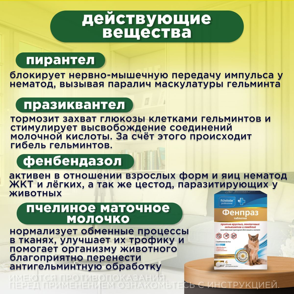 Таблетки от гельминтов и лямблий для кошек Фенпраз 6таб, Пирантел/ Празиквантел/Фенбендазол