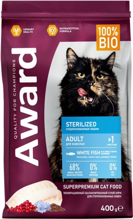 AWARD 400гр. Sterilized для Стерилизованных кошек с Белой рыбой