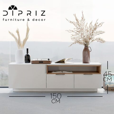 Парящая тумба под телевизор 150 см Меламин, 3 двери с нишей, белый/артизан