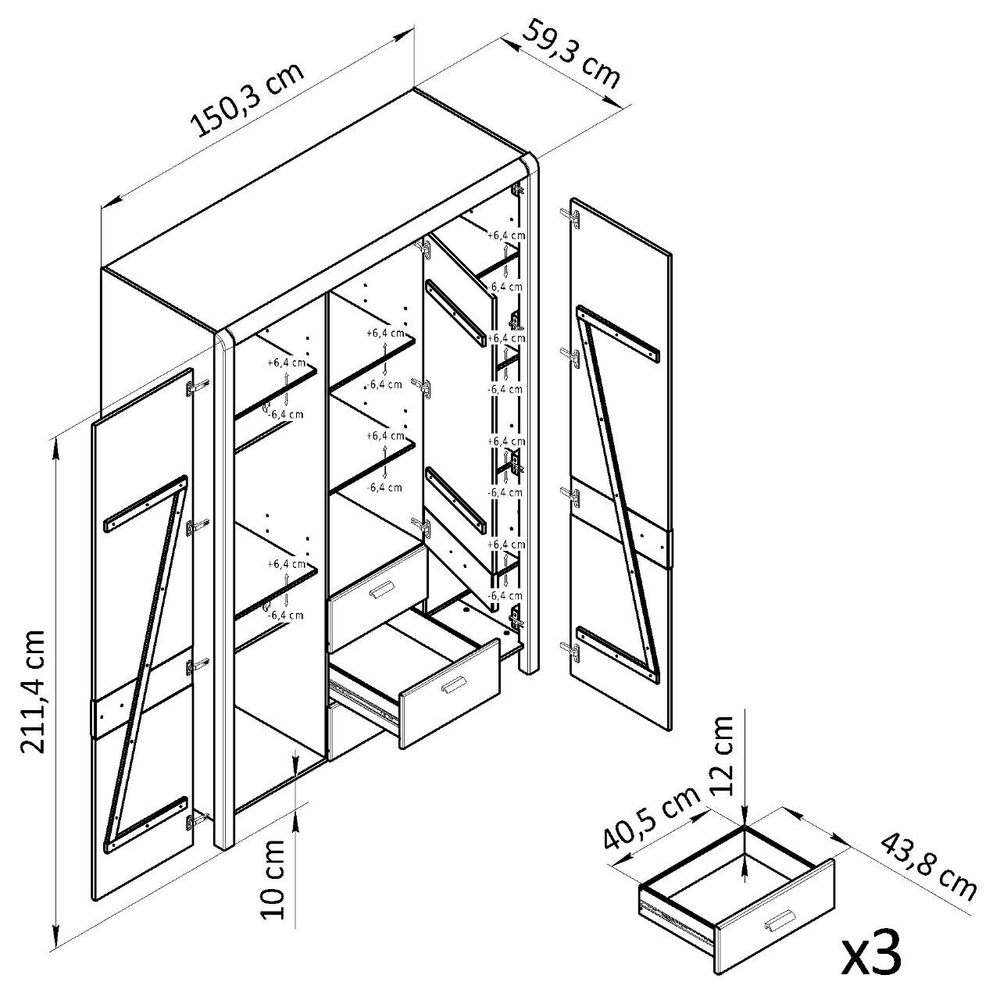 Шкаф деревянный 3 двери 3 ящика Мадейра 150х60х211 см из массива сосны