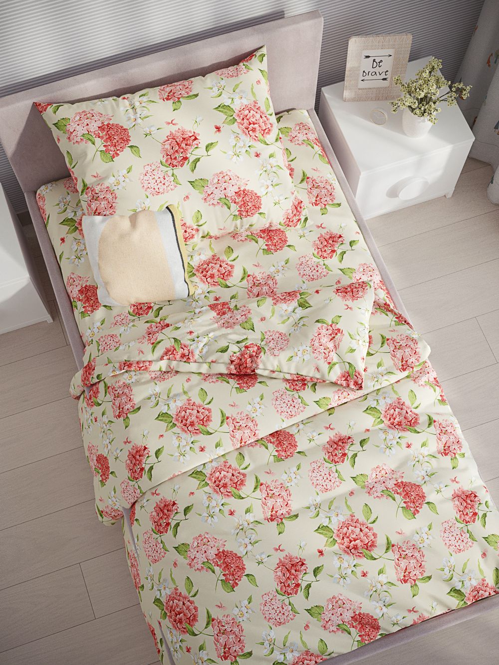 Постельное белье перкаль Сказка "Гортензия" 1,5-сп Наволочка 50x70 см 1 шт Простынь на резинке 90x200 см Пододеяльник 145x215 см