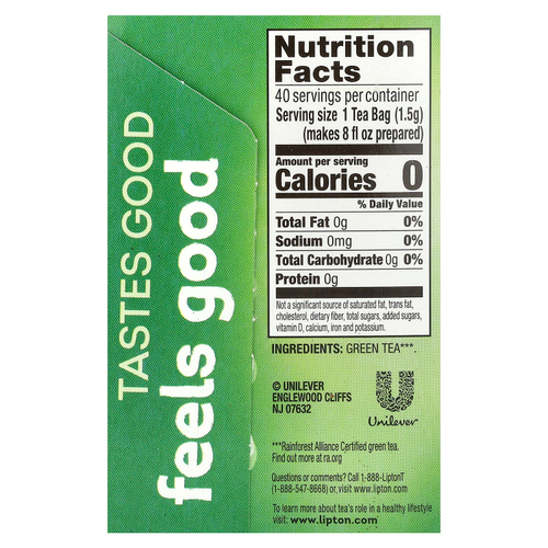 Lipton, Зеленый чай, 40 чайных пакетиков, 60 г (2,11 унции)