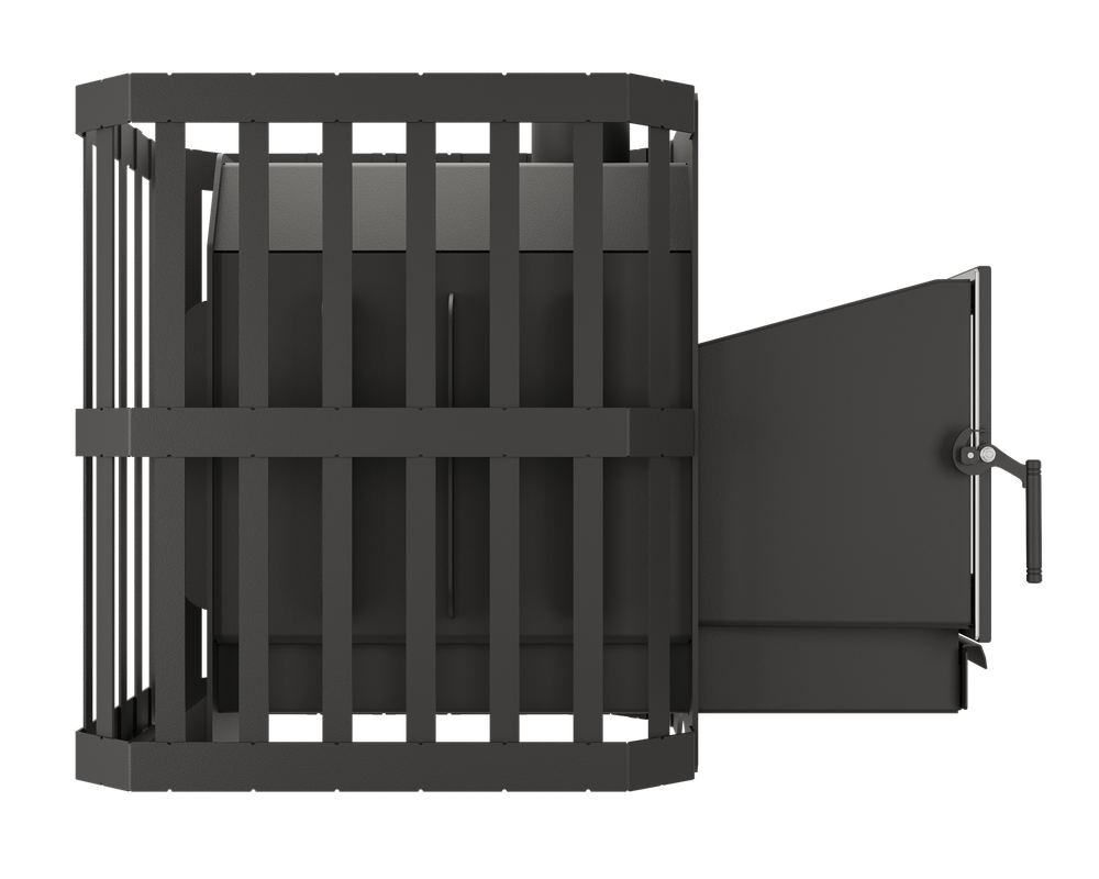 Печь для бани Даная-16 ВТ с огромной открытой каменкой и выносной топкой. Вид сбоку