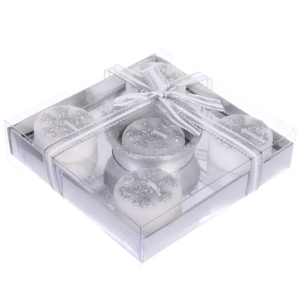 Свечи новогодние «Снежинки»11.5*11*5*3см (набор 5шт), Серебро