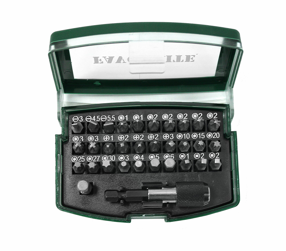 Биты для шуруповертов FAVOURITE FAV 32 SETS , в кейсе 32 предмета: 30 бит (25 мм), переходник для торцевых головок (25 мм), адаптер с быстрозаж. патрон. 60 мм.