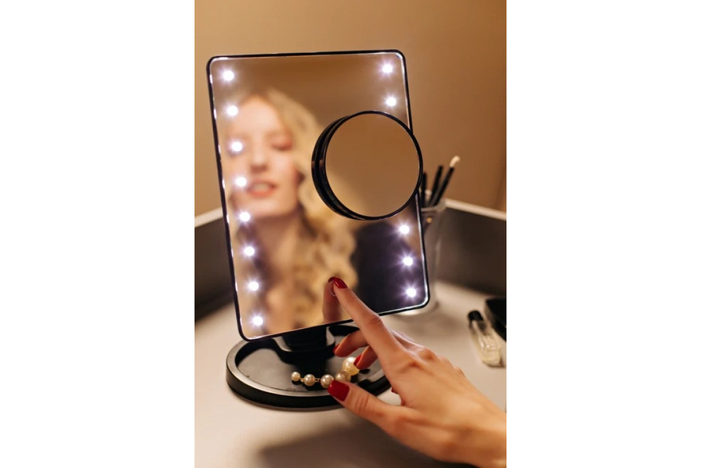 Зеркало косметическое CleverCare 16 LED, с дополнительным съемным зеркалом, цвет черный