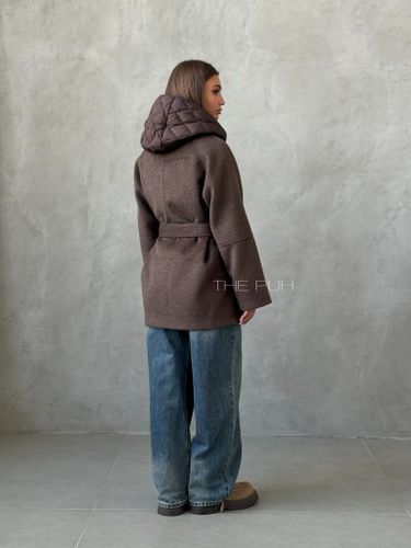 Шоколадное шерстяное пальто с утепленным жилетом