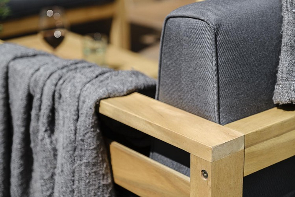 Угловой комплект из акации Joygarden БУКА с кофейным столом, Natural Teak, серый