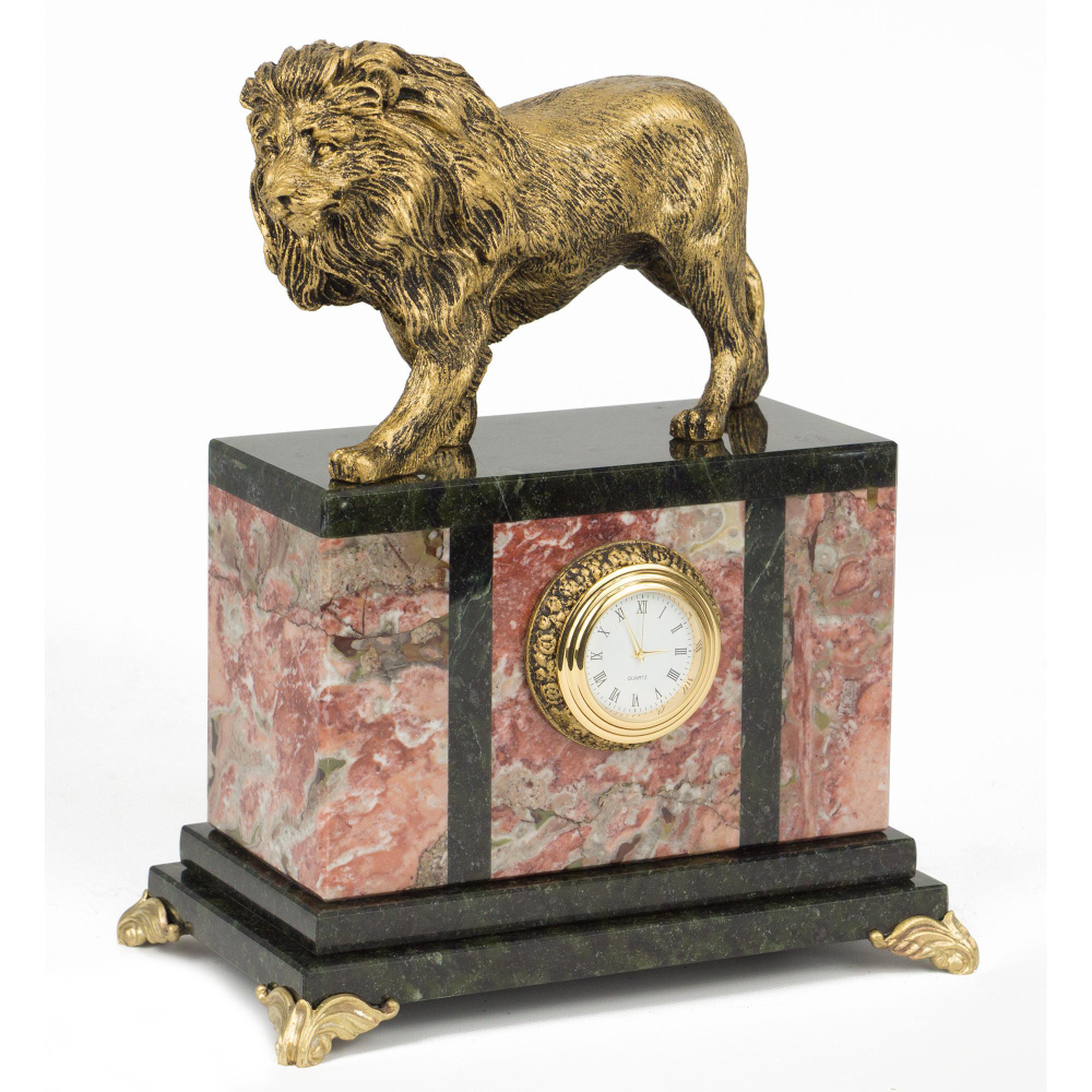 Часы "Лев" змеевик статуэтка мрамолит 175х100х220 мм 2750 гр. R117898