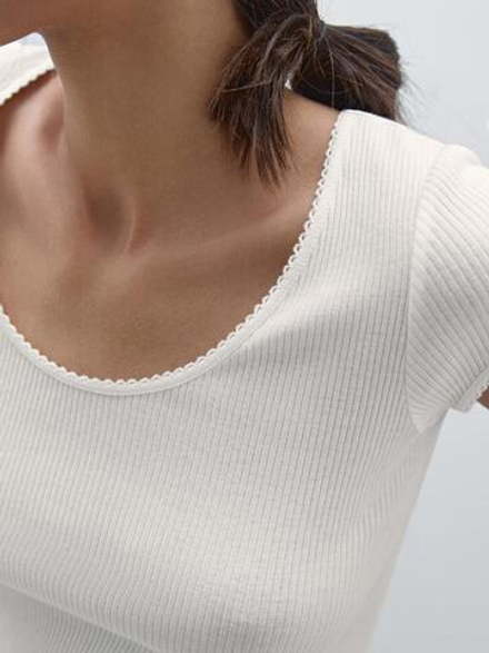 Massimo Dutti Футболка из хлопка с отделкой кружевом, натуральный, кремовый
