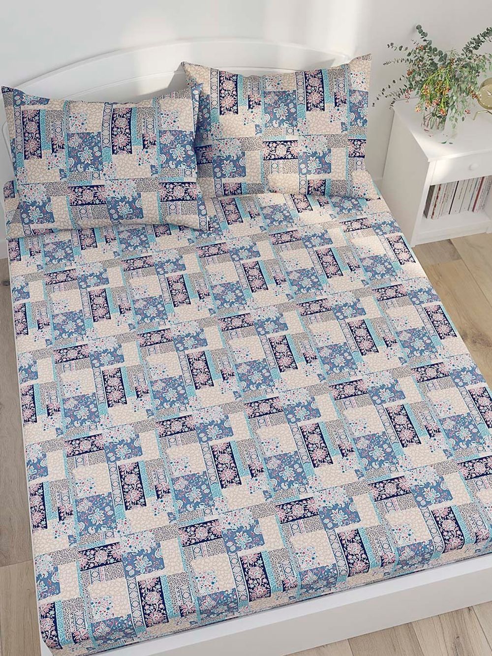 Постельное белье Сказка "Лоскутная мозаика" евро Наволочка 50х70 см 2 шт Простынь на резинке 180х200 см Пододеяльник 200х215 см, перкаль