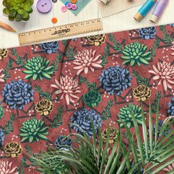 Ткань шифон приглушённые георгины на коралловом фоне