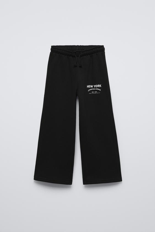 ZARA БРЮКИ WIDE LEG ИЗ МЯГКОЙ ТКАНИ С НАДПИСЬЮ, ЧЕРНЫЙ