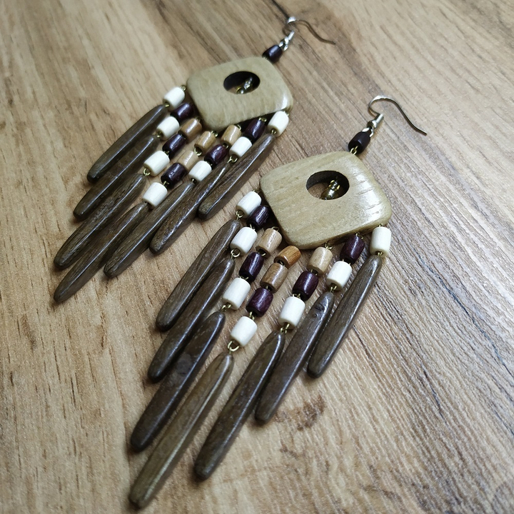 Серьги Огонек, форма ромб 7 подвесов, дерево, цвет ассорти, 35x105 мм 314228