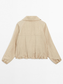 Massimo Dutti Куртка-бомбер из смесового льна с высоким воротником, темно-песочный