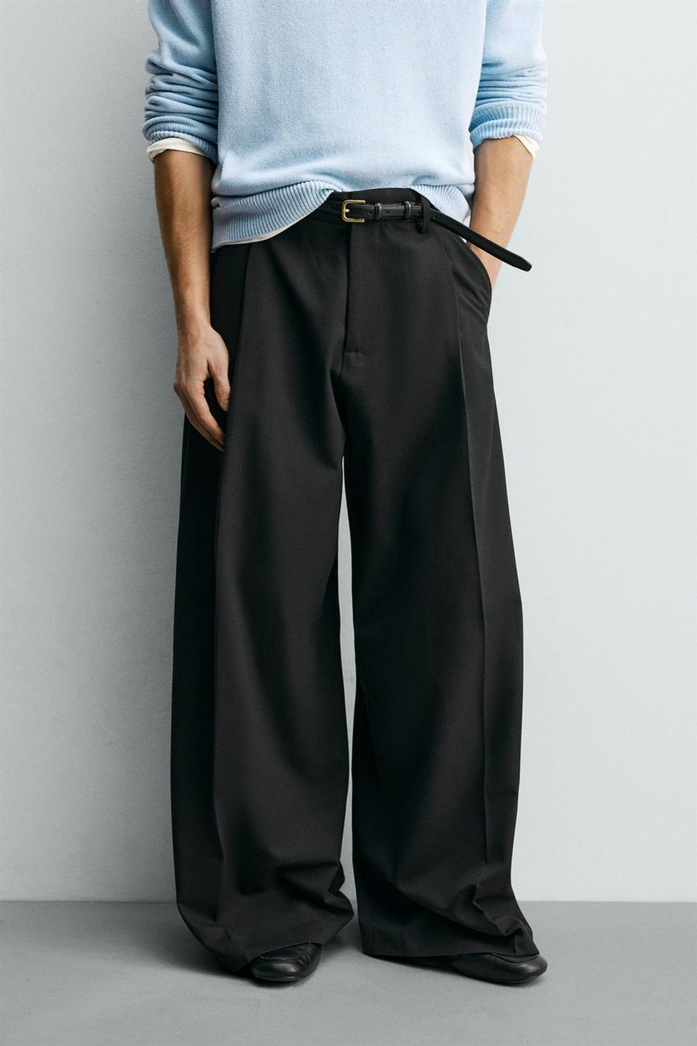 ZARA БРЮКИ WIDE FIT СО СКЛАДКАМИ, ЧЕРНЫЙ