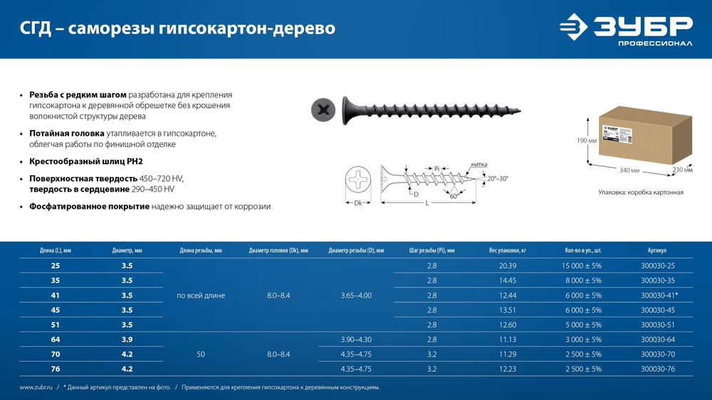 ЗУБР СГД 25 х 3.5 мм, саморез гипсокартон-дерево, фосфат., 20.39 кг (300030-25)