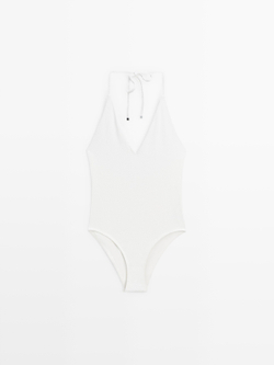 Massimo Dutti Купальник из рельефной ткани с V-образным вырезом, белый