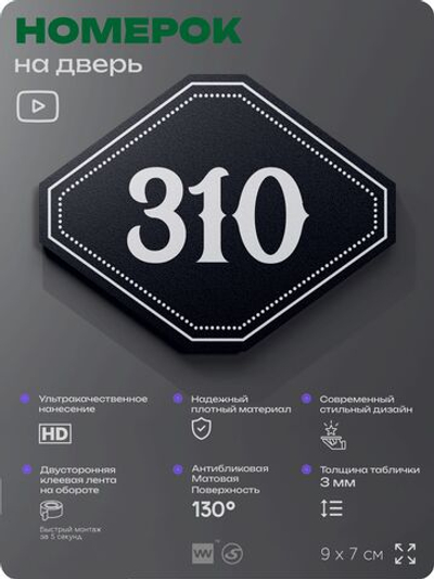 Номерок на дверь квартиры 310, для кабинета, офиса, шильдик 9 х 7 см, черный, Айдентика Технолоджи