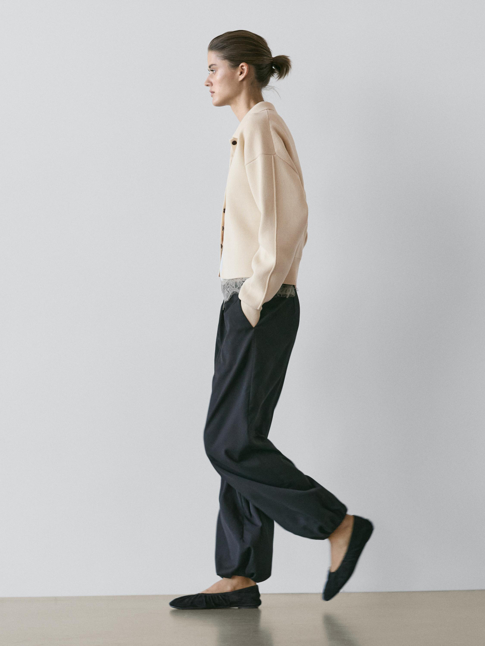 Massimo Dutti Кардиган из хлопкового трикотажа с воротником поло, ванильный