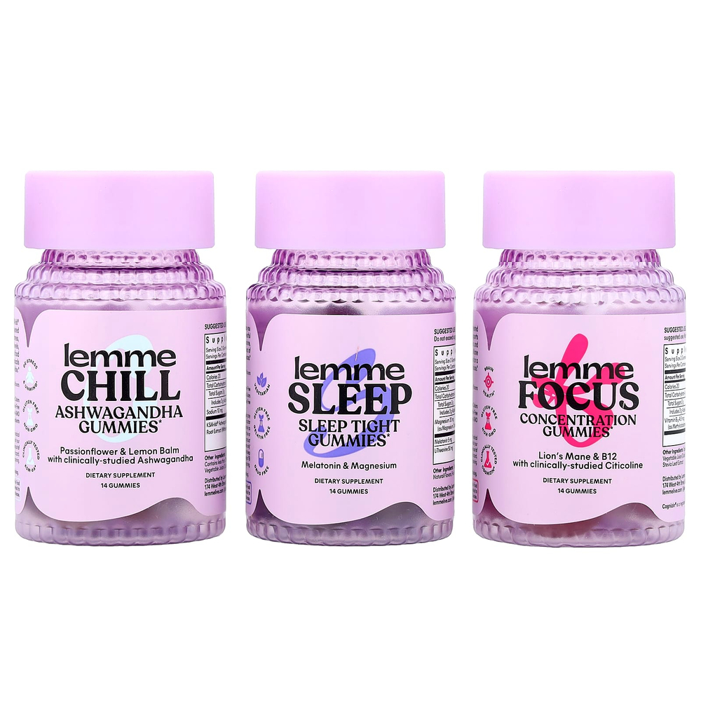 Lemme, жевательные таблетки для восстановления после праздника, для холода, для сна, для концентрации, 3 флакона по 14 жевательных таблеток в каждом