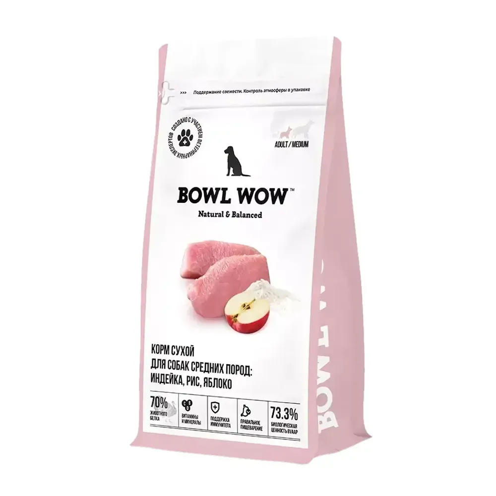 Сухой корм BOWL WOW для собак средних пород с индейкой, рисом и яблоком Сухой корм BOWL WOW для собак средних пород с индейкой, рисом и яблоком
