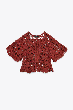 ZARA КАРДИГАН-НАКИДКА ИЗ КРУЖЕВА КРОШЕ, ТЕРРАКОТОВЫЙ