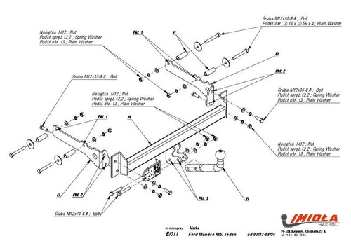 Фаркоп IMIOLA E.011 Ford Mondeo хетчбек/седан 1993-1996(паспорт и сертификат в комплекте)(без электрики)