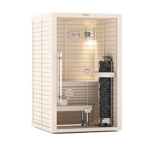 Сауна в сборе SAWO 1414RS-PA-G (1,4м х 1,4м, осина, полностью стеклянная стена, дизайн Piano, правая)