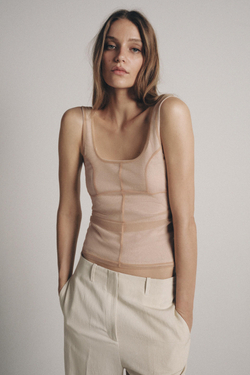 ZARA ТОП ИЗ ПОЛУПРОЗРАЧНОЙ ТКАНИ С ДЕКОРАТИВНОЙ СТРОЧКОЙ, ТЕЛЕСНО-РОЗОВЫЙ