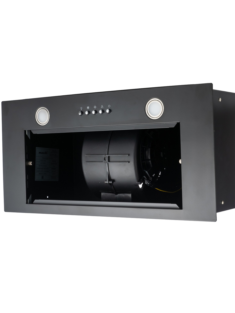 Вытяжка кухонная Quin-60 (BLACK) черный, D150мм, 1200м3/ч, полновстраиваемая, мотор 230Ватт, металл 60см, кнопочное управл.(MACBI)